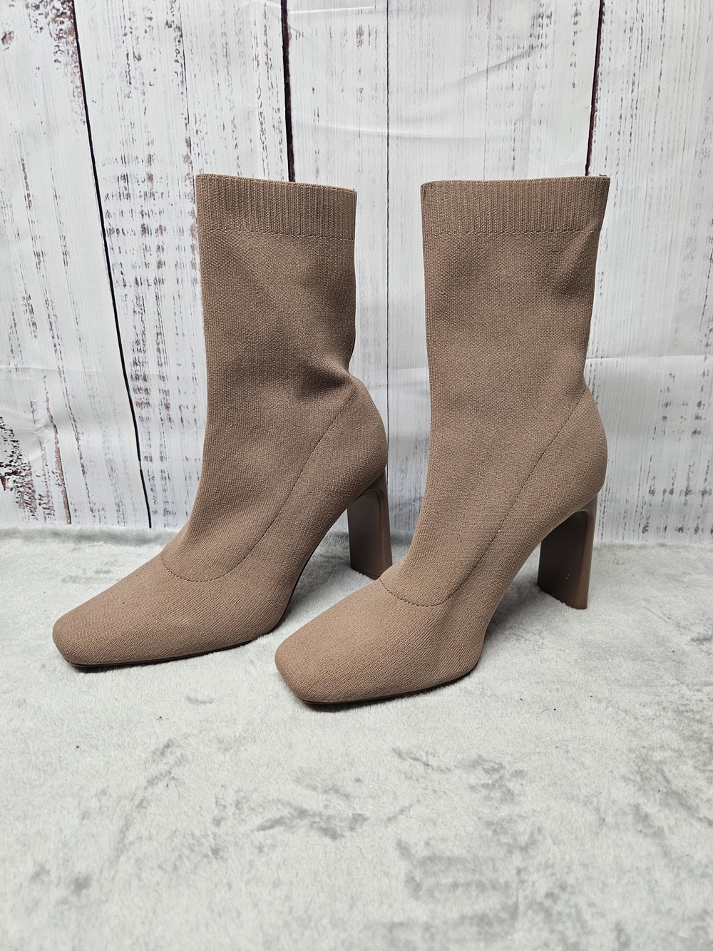 Call It Spring Women's Taupe Knit Sock Booties - High Block Heel Size US 10